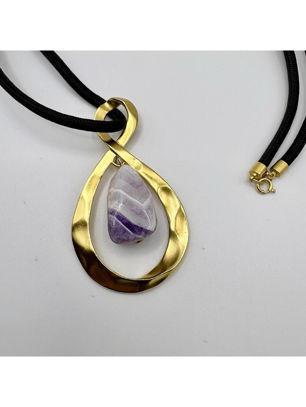 Vintage Avon Infinity Necklace Amethyst Stone Gold Tone Black Cord 1990’s